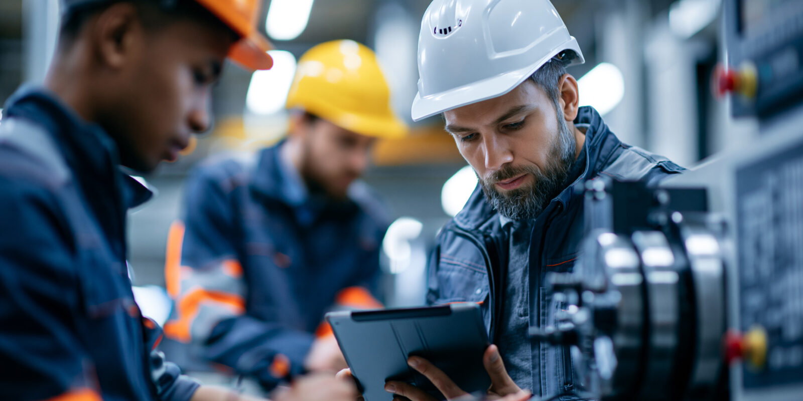 Técnico segurando um tablet com outros técnicos no fundo