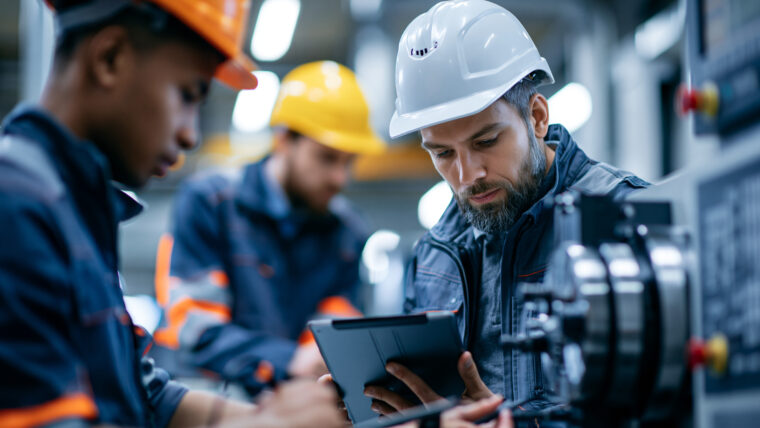 Técnico segurando um tablet com outros técnicos no fundo