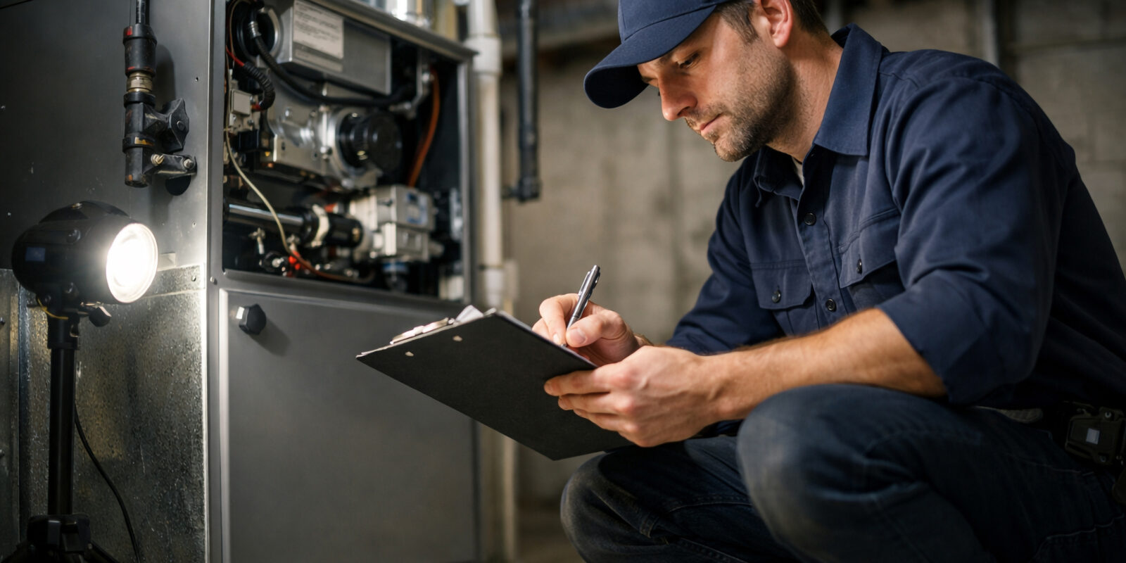 Técnico profissional de HVAC inspecionando o sistema de aquecimento residencial no porão enquanto anota informações, demonstrando serviços de manutenção, reparo, verificação do sistema de aquecimento, inspeção de segurança e serviços residenciais.
