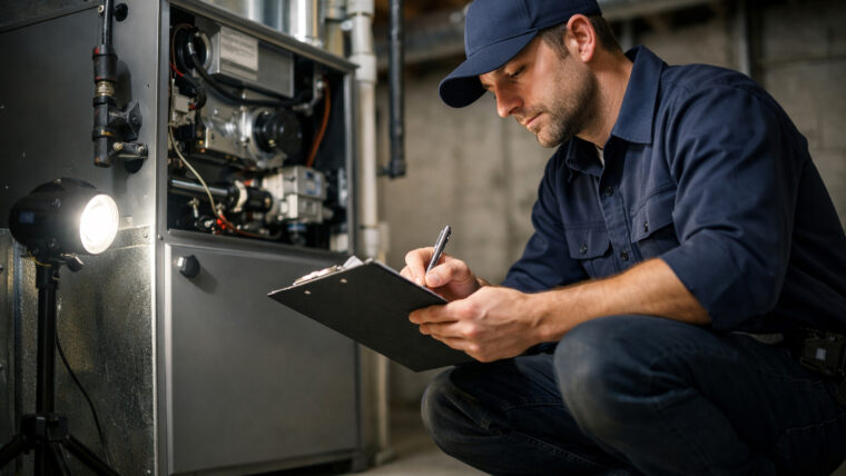 Técnico profissional de HVAC inspecionando o sistema de aquecimento residencial no porão enquanto anota informações, demonstrando serviços de manutenção, reparo, verificação do sistema de aquecimento, inspeção de segurança e serviços residenciais.