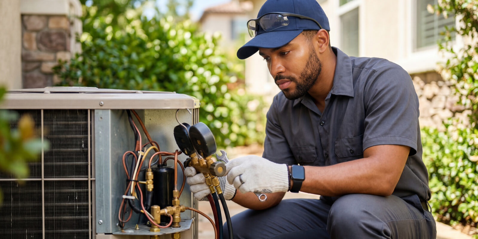 Um técnico de sistemas de climatização (HVAC), usando boné e luvas, agacha-se para consertar e ajustar a unidade externa de ar-condicionado, utilizando manômetros.