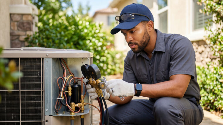 Um técnico de sistemas de climatização (HVAC), usando boné e luvas, agacha-se para consertar e ajustar a unidade externa de ar-condicionado, utilizando manômetros.