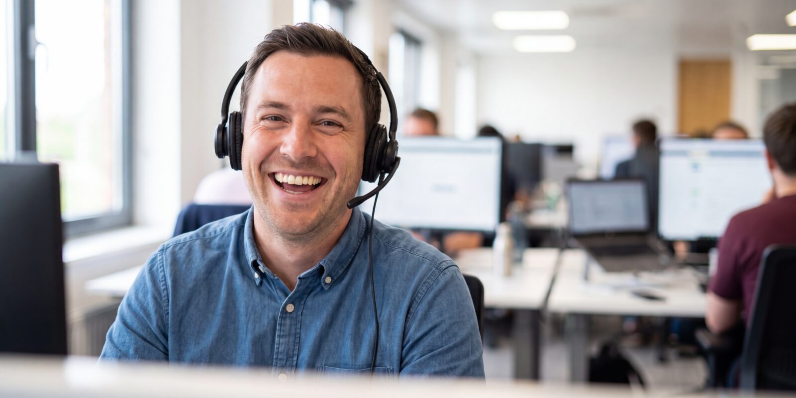 Retrato de um atendente de call center alegre, usando headset enquanto presta assistência a clientes em um escritório moderno e movimentado.