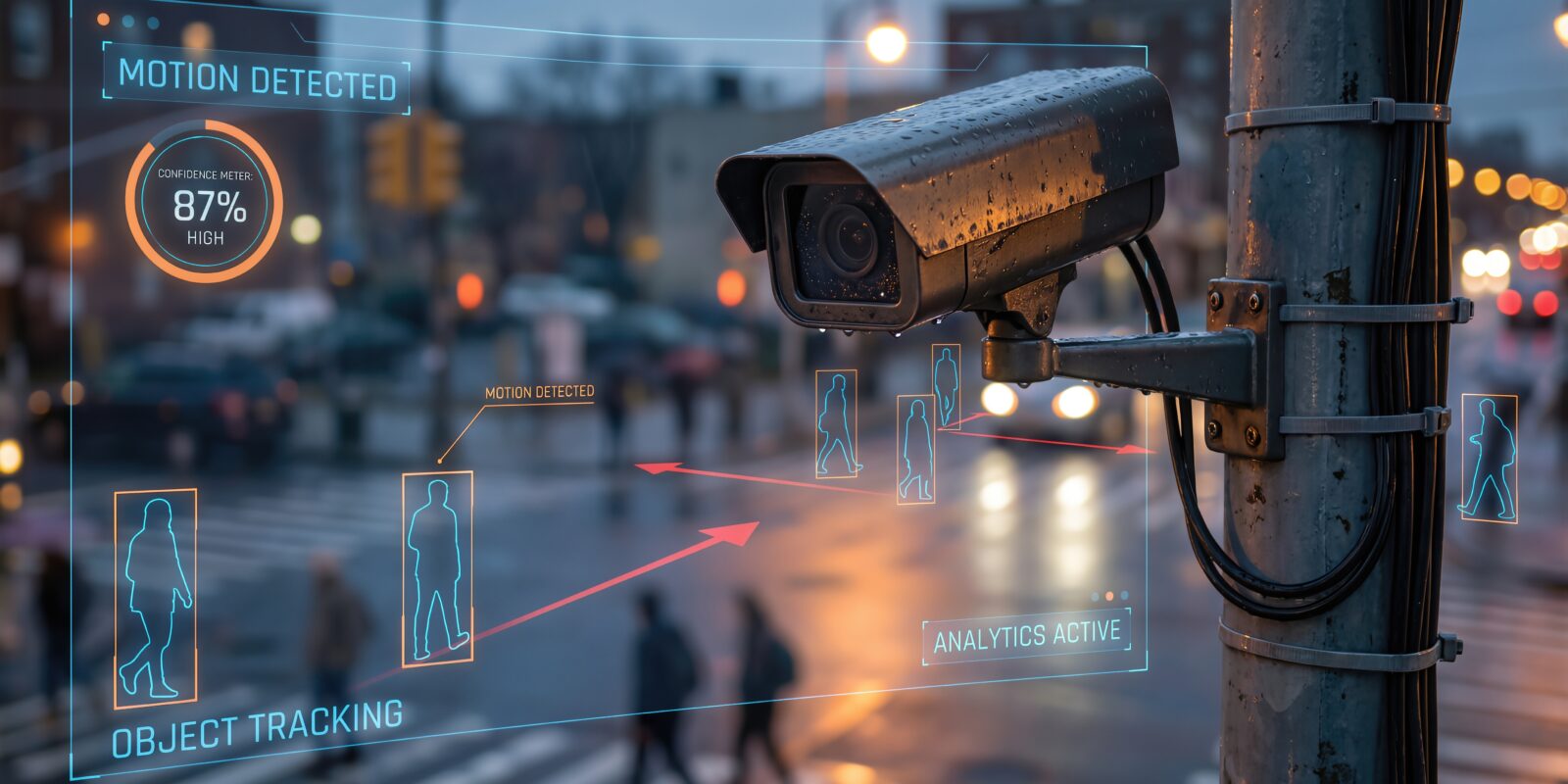 Câmera de vigilância registra uma rua urbana movimentada ao anoitecer, demonstrando recursos de detecção de movimento e análise de rastreamento de objetos, evidenciando a tecnologia de segurança moderna em operação.