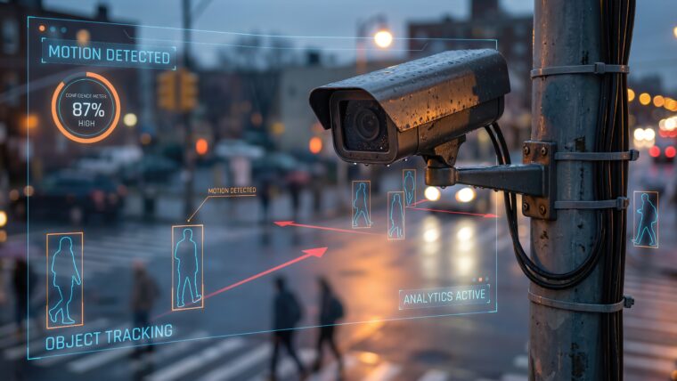 Câmera de vigilância registra uma rua urbana movimentada ao anoitecer, demonstrando recursos de detecção de movimento e análise de rastreamento de objetos, evidenciando a tecnologia de segurança moderna em operação.